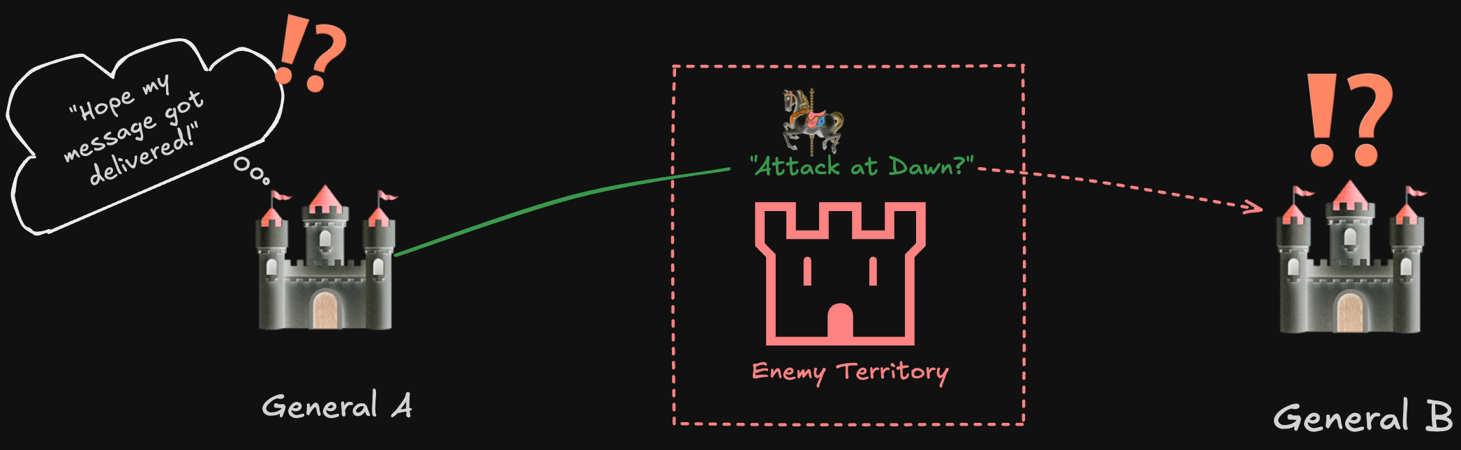 Two Generals Problem visualization showing General A sending a message through enemy territory to General B, with uncertainty about delivery
